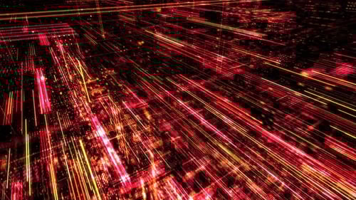 Binary circuit board future tech cyber security concept. 3D render 4K loop