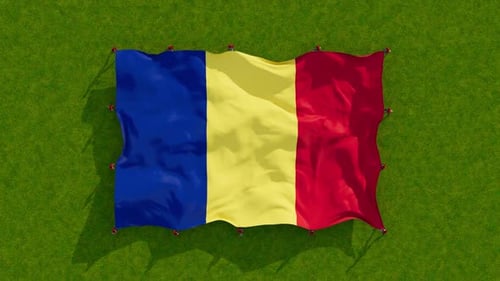 Romania National Flag Unfurling by Tiny Figures on Green Field