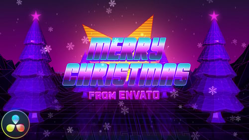 Retro Synthwave Christmas Title with Wireframe Landscape