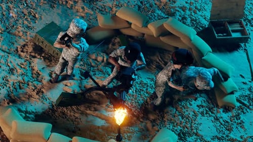 Animated Military Battle Scene with Firing Machine Gun