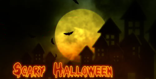 Flying Bats Over Spooky Haunted Houses and Full Moon at Halloween Night