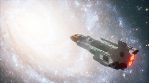 Futuristic Spaceship Flying Through a Bright, Star-Filled Galaxy