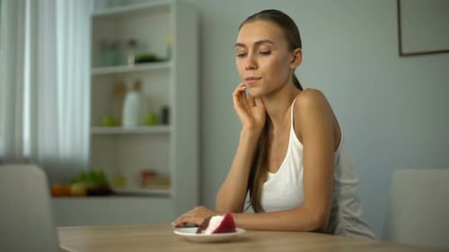 Girl Chooses Cake Instead of Salad, Temptation to Stop Dieting, Unhealthy Food