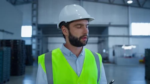 Uniform Lagerarbeiter inspiziert Boxen vor dem Versand mit weißem Helm