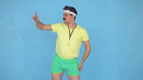 Man in 80s Outfit Pointing