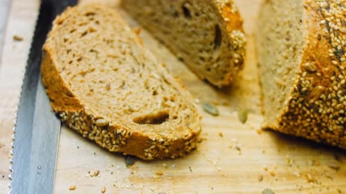 Close Up of Sliced Multigrain Bread on Cutting Board