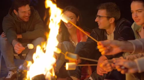Friends Roasting Marshmallow on Camp Fire on Beach