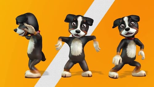 Three Animated Cartoon Puppy Characters Dancing with Alpha Channel