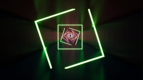 Fluorescent Ultraviolet Light Glowing Neon Lines Moving Forward Inside Tunnel