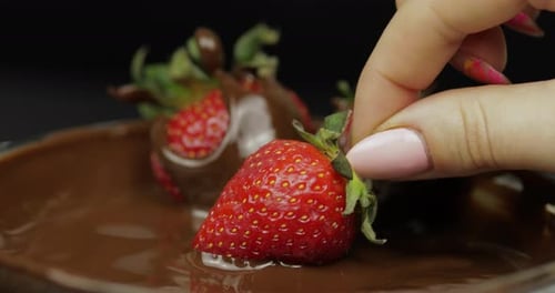 Hand Dipping Strawberry in Melted Chocolate. Fresh Berries Sweet Dessert Food
