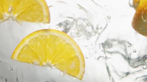 Köstliche Orangenscheiben fallen mit Blasen ins Wasser
