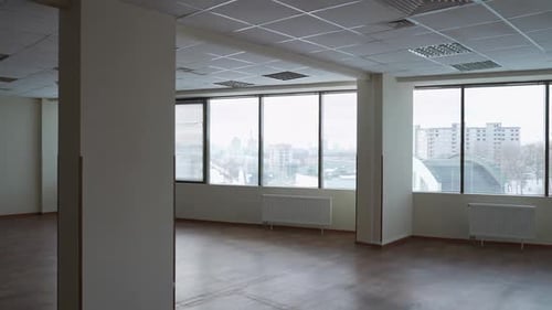 Workspace Interior Walk Through the Empty Office Space Inside Skyscraper Office with Panoramic
