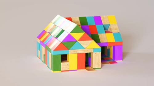 Casa colorida hecha de bloques de madera. Juego de construcción preescolar. Educación.