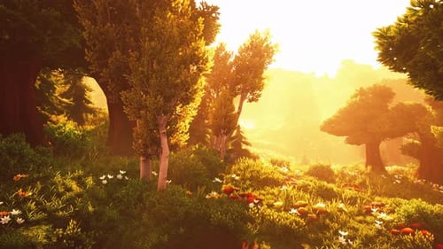 Cartoon Flowering Green Forest on Sunset