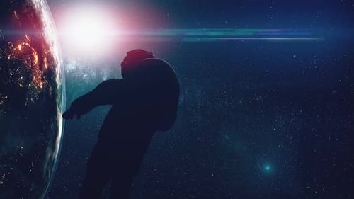 Computer Graph Spaceman Silhouette in Outer Space Lit By Starlight