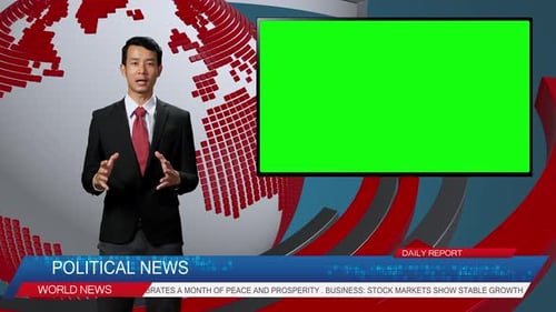 Live News Studio With Male Anchor Reporting On The Political, TV Show Green Chroma Key Screen