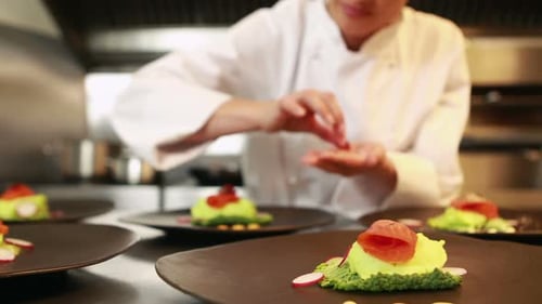 Chef Carefully Plating Gourmet Dish in Restaurant Kitchen