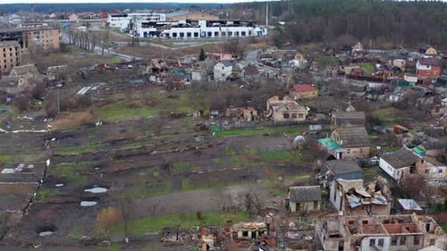 Aerial view of the destroyed and burnt houses.