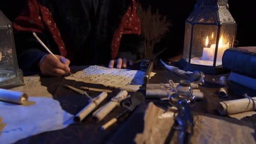 Person Writing with Quill Pen by Candlelight