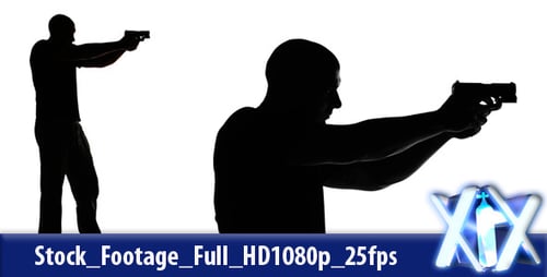 Man Silhouette Shooting Gun Against White Background