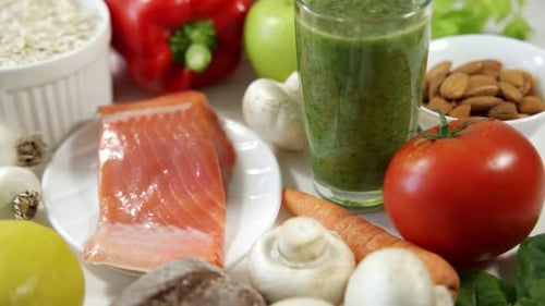 Healthy Food Selection with Salmon and Green Smoothie