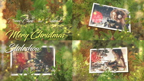 Elegant Christmas Photo Slideshow with Festive Ornaments and Gold Text
