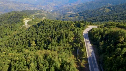 steep green mountains, deep forest and mountain road, beautiful valley