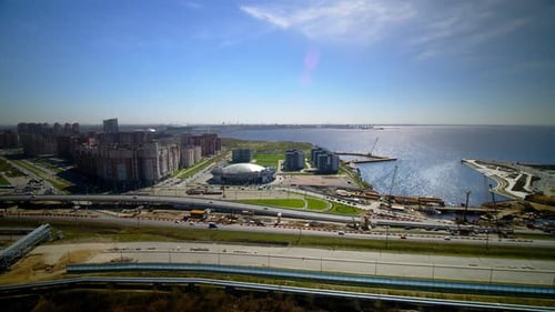 Flying Over a Modern Industrial City on the Seashore in Russia