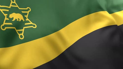 Waving Green, Black, and Gold Flag with Sheriff Star and Bear Emblem