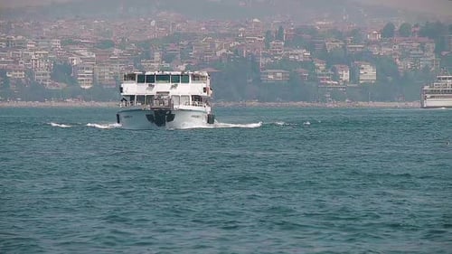 Boat Sailing on Open Water in Cityscape