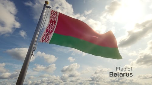 Belarus Flag Waving in Realistic Cloudy Sky with Sun