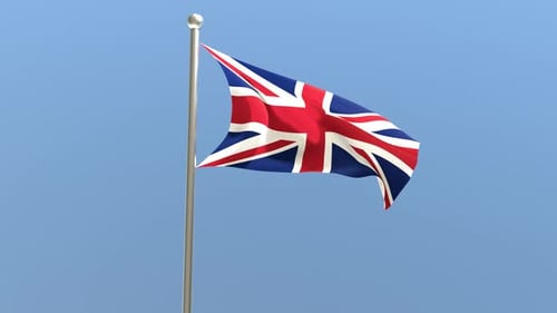Realistic 3D United Kingdom Flag Waving in Wind on Pole