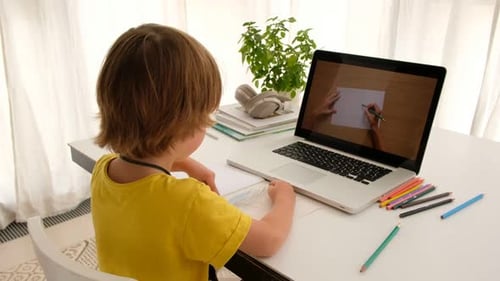Little Boy Watching Laptop at Table with Collection of Pencils
