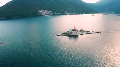 Aerial View of Our Lady of the Rock on Shore of Boka Kotor Bay Montenegro