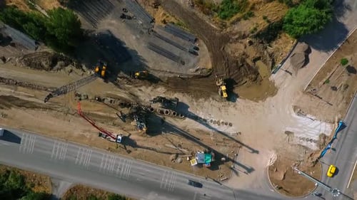 Aerial View of Heavy Machinery and Roadworks
