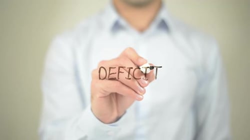 Deficit, Businessman Writing on Transparent Screen