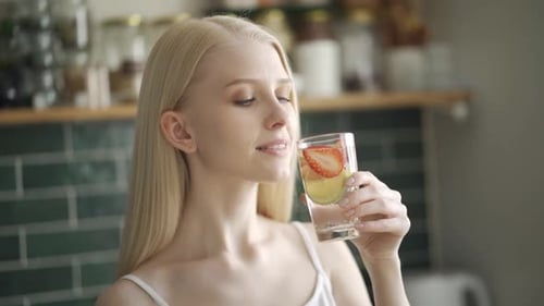 Woman Drinks Strawberry and Lemon Infused Water