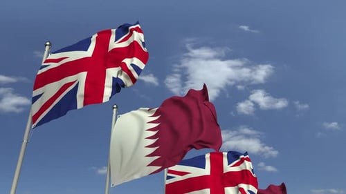 Qatar and United Kingdom Flags Waving Realistic Animation