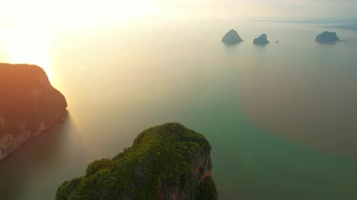 Aerial view over the bay, beautiful limestone mountains on the beach