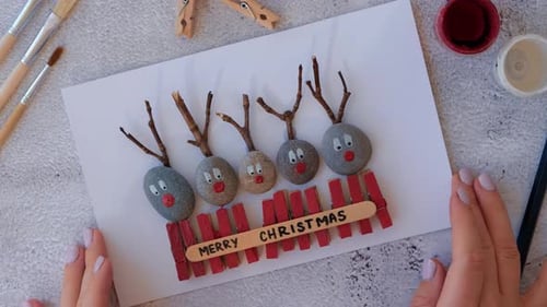 Making Diy Merry Christmas Deer on Greeting Card Postcard Made of Pebbles Sea Stones Clothespins and