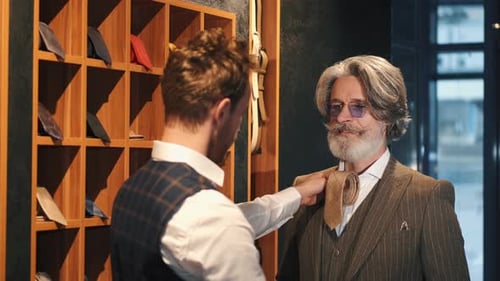 Man Trying Business Suit on with Consultant at Men Clothing Store