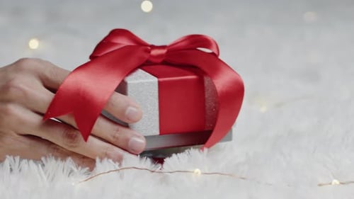 Gift with Red Bow on Fluffy Surface