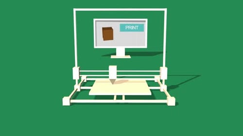 Simple Animation of Printing a plant box with a 3D Printer. Green Background.