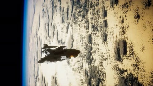 Futuristic Spaceship Orbiting Alien Planet in Vertical Space Flight