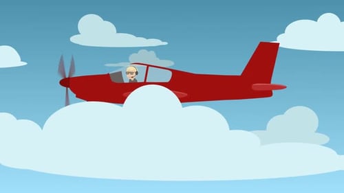 Ein
Mann in einem Cockpit steuert ein rotes Flugzeug. Der Pilot ist Luftfahrtexperte.