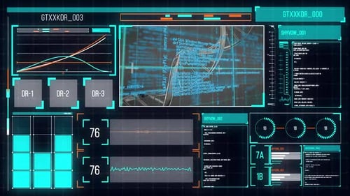 Futuristic HUD Interface Displaying DNA, Graphs, and Scientific Data