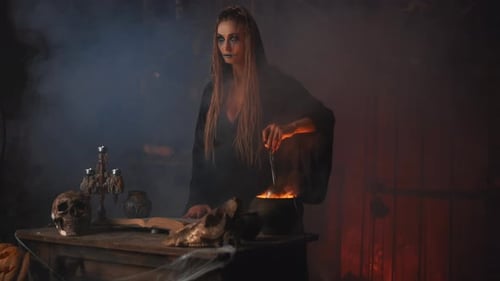 Witch Stirring Cauldron in Dark, Smoky Room