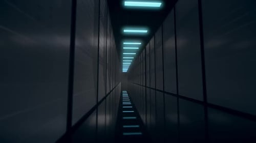 Flying Through Futuristic Digital Server Room Corridor