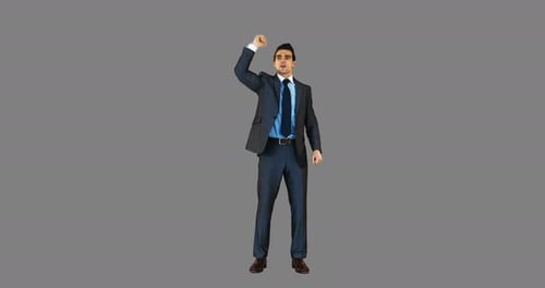Businessman Gesturing with Raised Fist on Grey Background