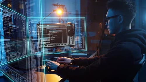 Man Coding at Futuristic Computer Station at Night